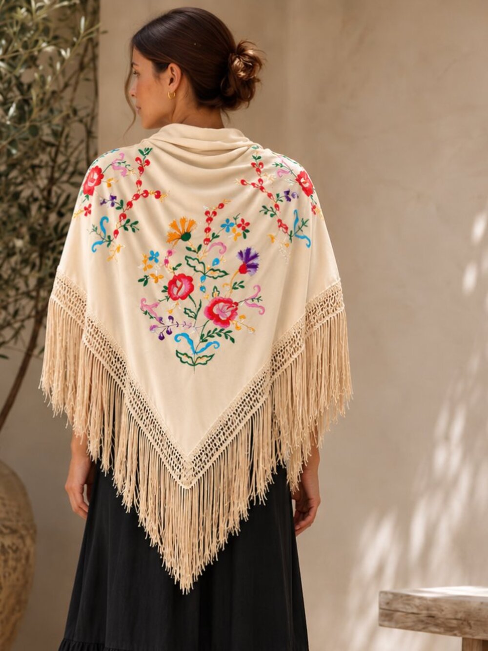 Boho Embroidered silky shawl or wrap, with long fringe
